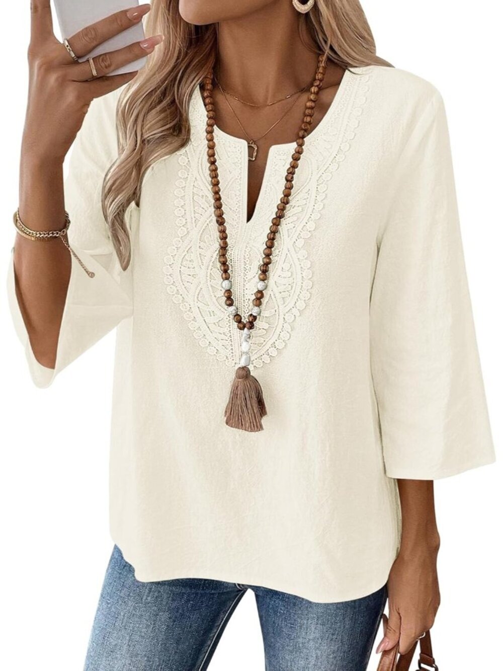 Women's Apricot V Neck Pull On Loose Fit Blouses Sleeve Top Cotton Linen Shirt
